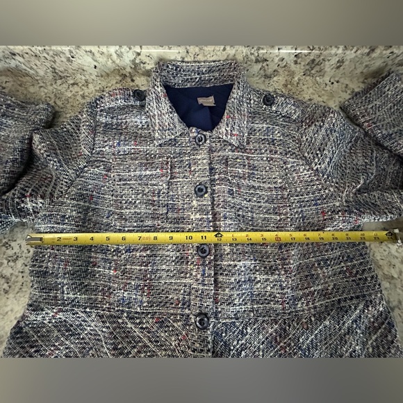 Chicos Blue Tweed Jacket Blazer Raw Hem Button Front Size 16/18 Chicos Sz 3 - Picture 13 of 13